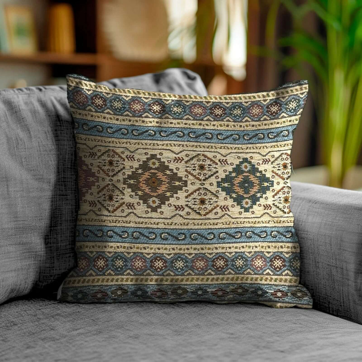 COPPIA CUSCINO ARREDO JACQUARD SFODERABILI LOOM su divano beige, design in jacquard colorato e decorativo.