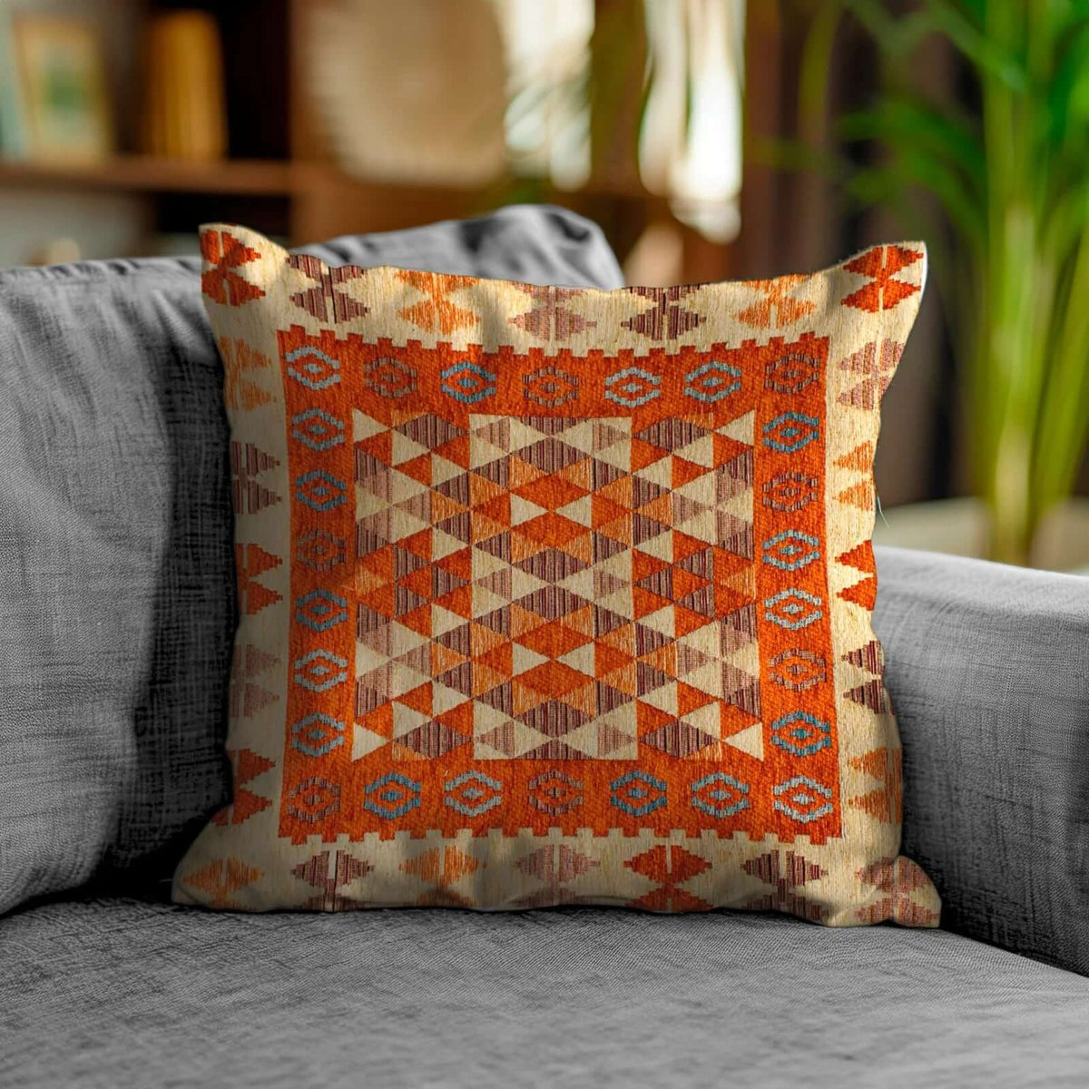 COPPIA CUSCINI ARREDO JACQUARD SFODERABILI KILIM su un divano, ideale per decorare gli interni con stile.