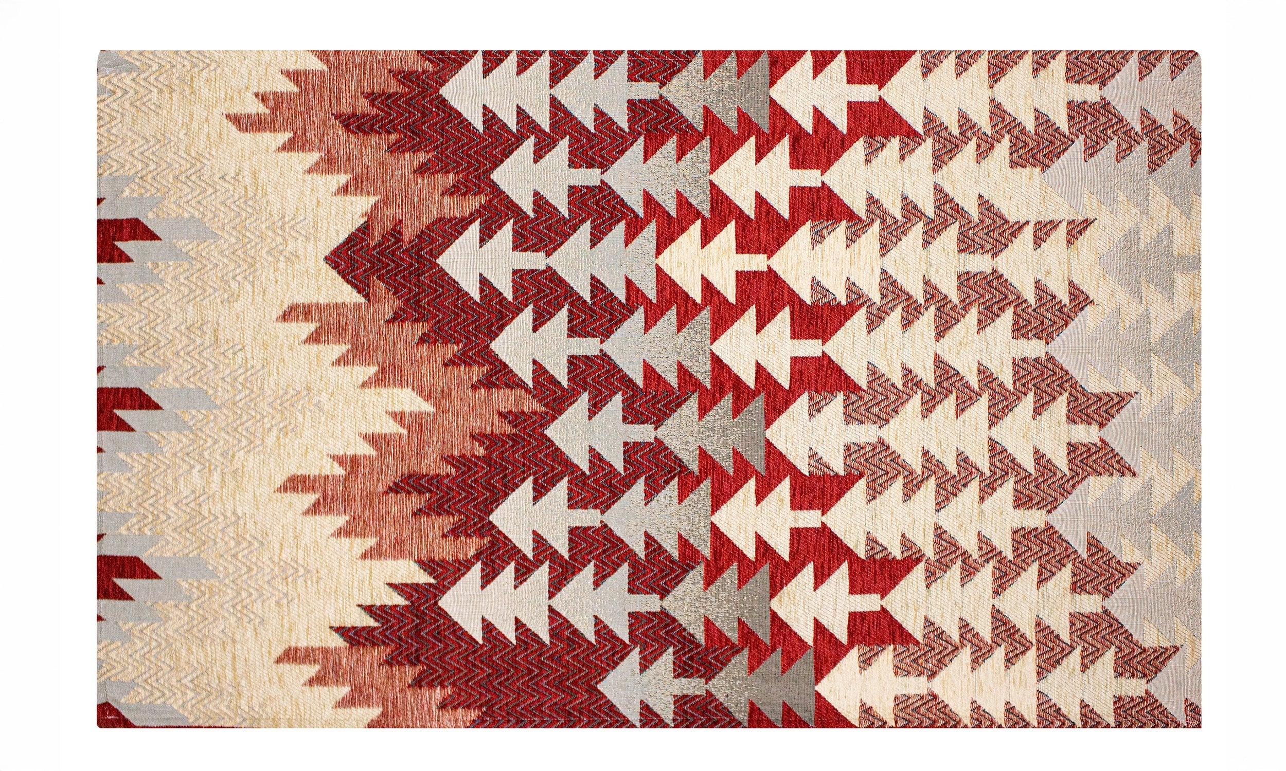 TAPPETO ARREDO ABETE CON ANTISCIVOLO, design moderno con motivi a freccia in tonalità rosse e grigie.