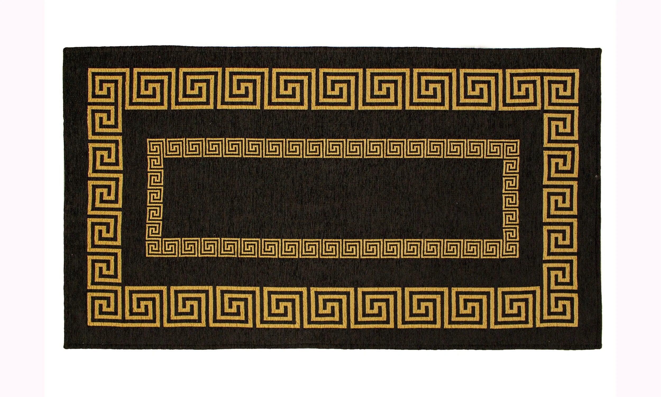 TAPPETO ARREDO ATENE NERO BIANCO CON ANTISCIVOLO con motivo greco e bordo dorato su sfondo nero.