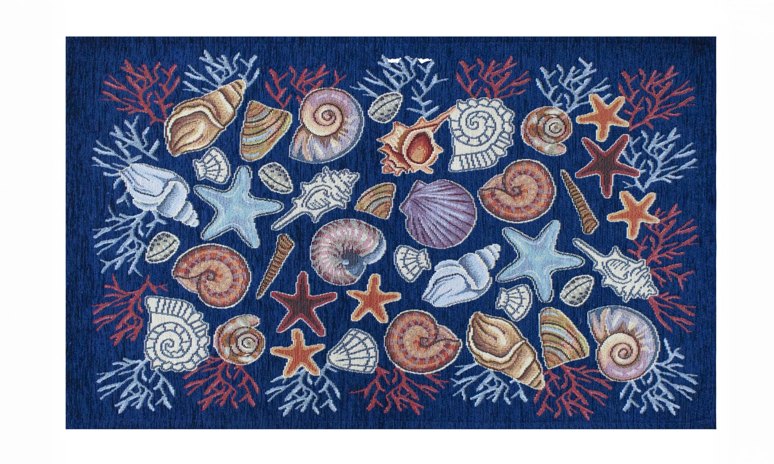 TAPPETO DA CUCINA DIS.CONCHIGLIE CON ANTISCIVOLO con design di conchiglie e stelle marine su sfondo blu