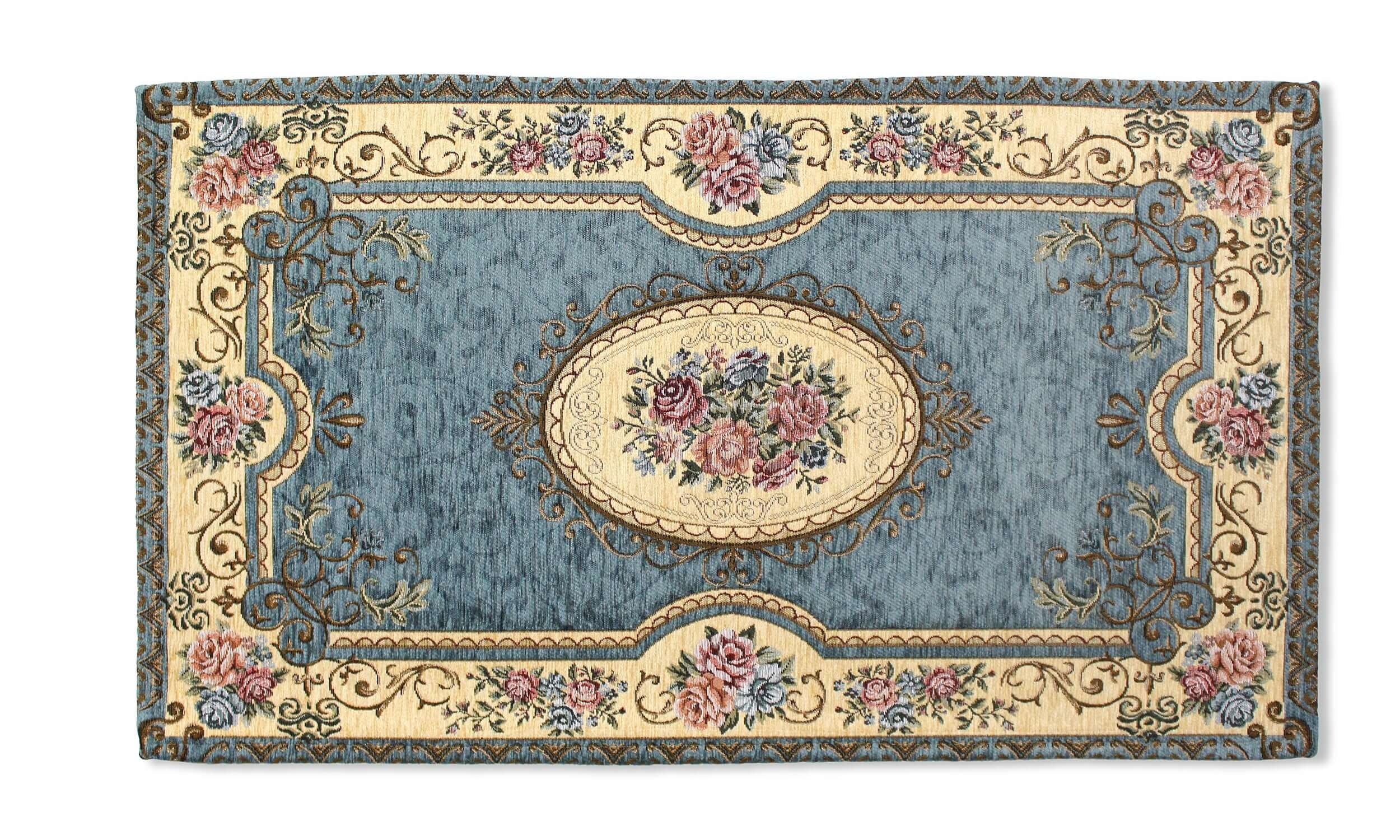 TAPPETO ARREDO DIS.VIENNA CON ANTISCIVOLO design elegante con fiori su sfondo blu e dettagli ornamentali.