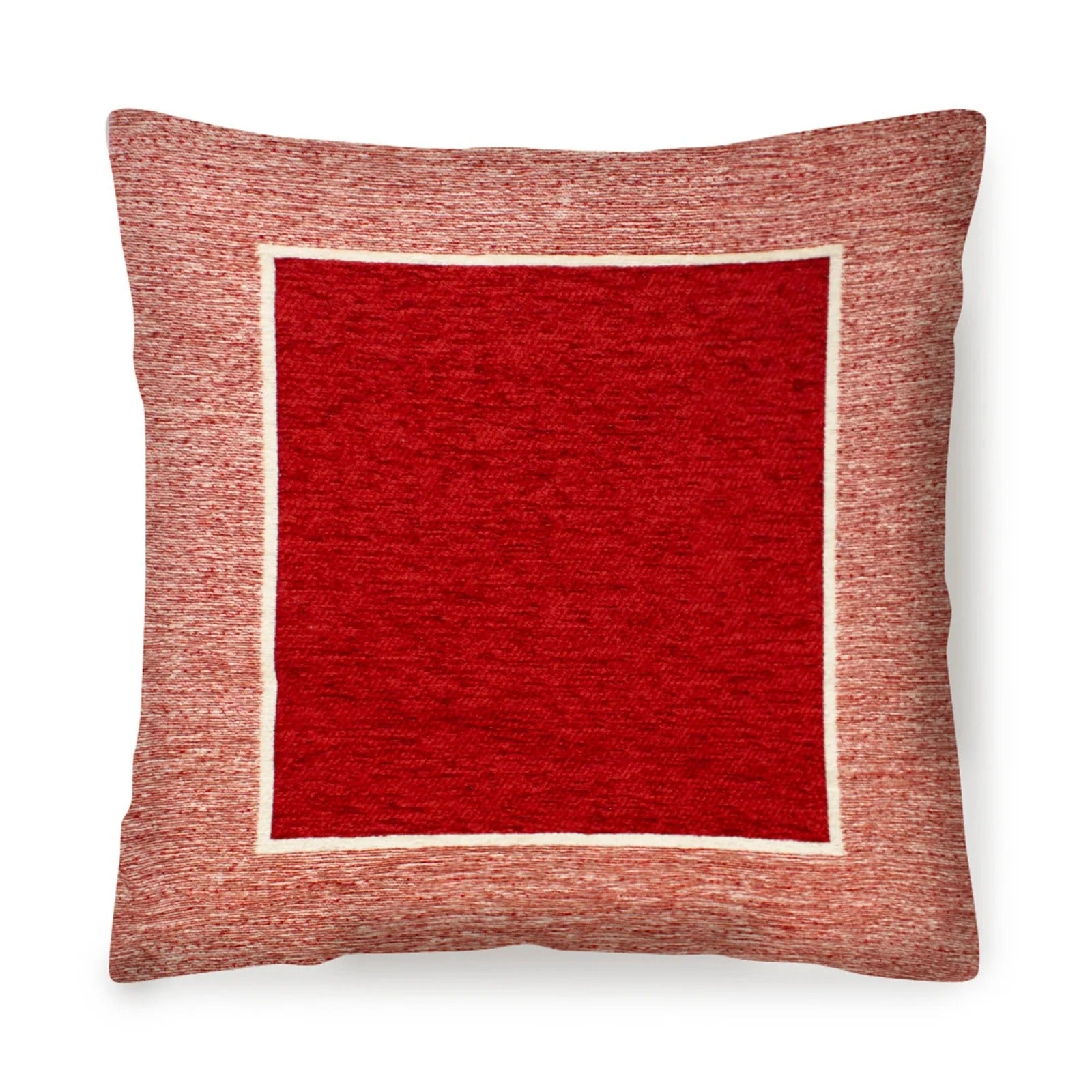 COPPIA CUSCINI ARREDO JACQUARD SFODERABILI ROMA cuscino quadrato rosso con bordo chiaro.