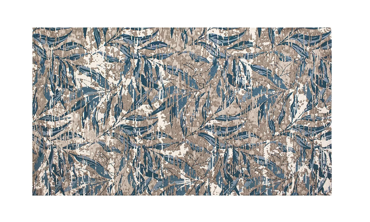 TAPPETO ARREDO DIS. FOLIAGE CON ANTISCIVOLO in stile moderno con disegno di foglie blu e marrone, morbido e resistente.
