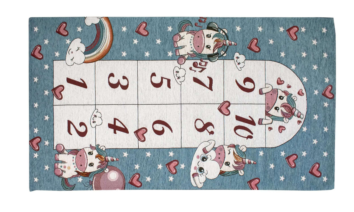 TAPPETO CAMERETTA UNICORNI CON ANTISCIVOLO, tappeto per bambini con design di unicorni e colori vivaci.