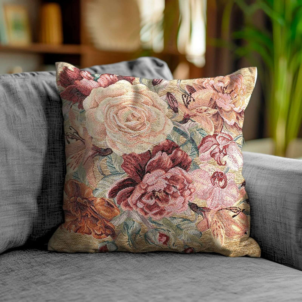 COPPIA CUSCINI ARREDO JACQUARD SFODERABILI ROSES su un divano con decorazioni floreali.