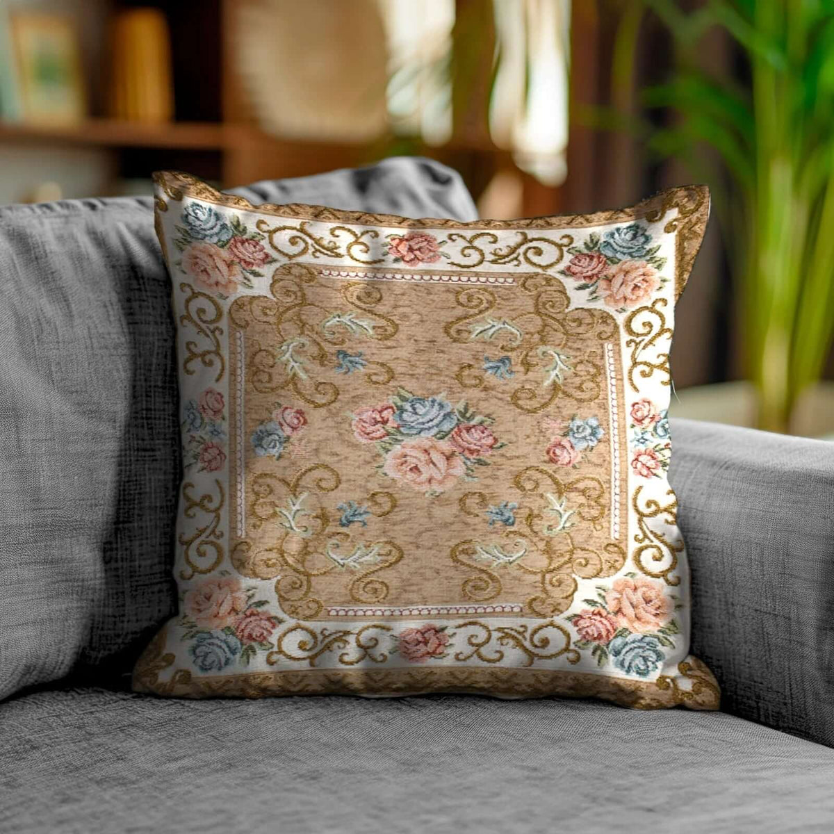 COPPIA CUSCINI ARREDO JACQUARD SFODERABILI VIENNA con motivo floreale su un divano moderno.