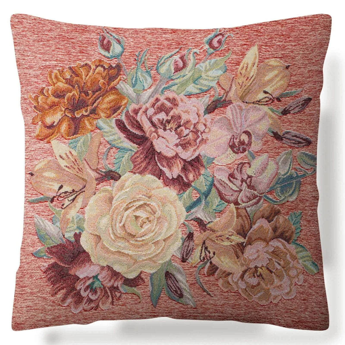 Coppia cuscini arredo jacquard sfoderabili roses con design floreale su sfondo rosso.