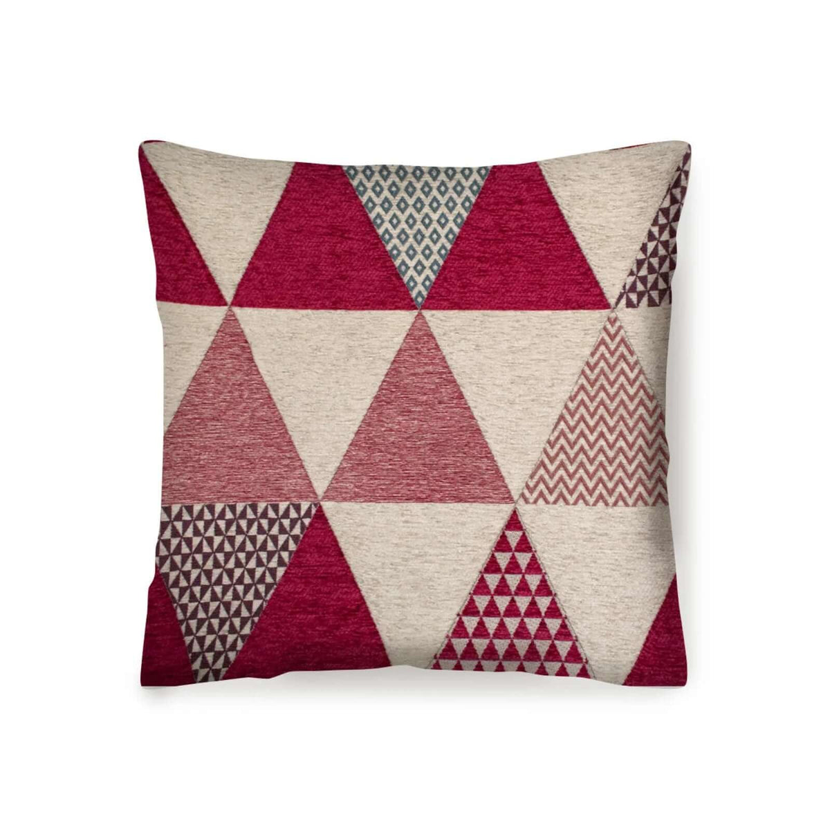 COPPIA CUSCINI ARREDO JACQUARD SFODERABILI TRIANGOLI con design geometrico a triangoli rossi e beige.