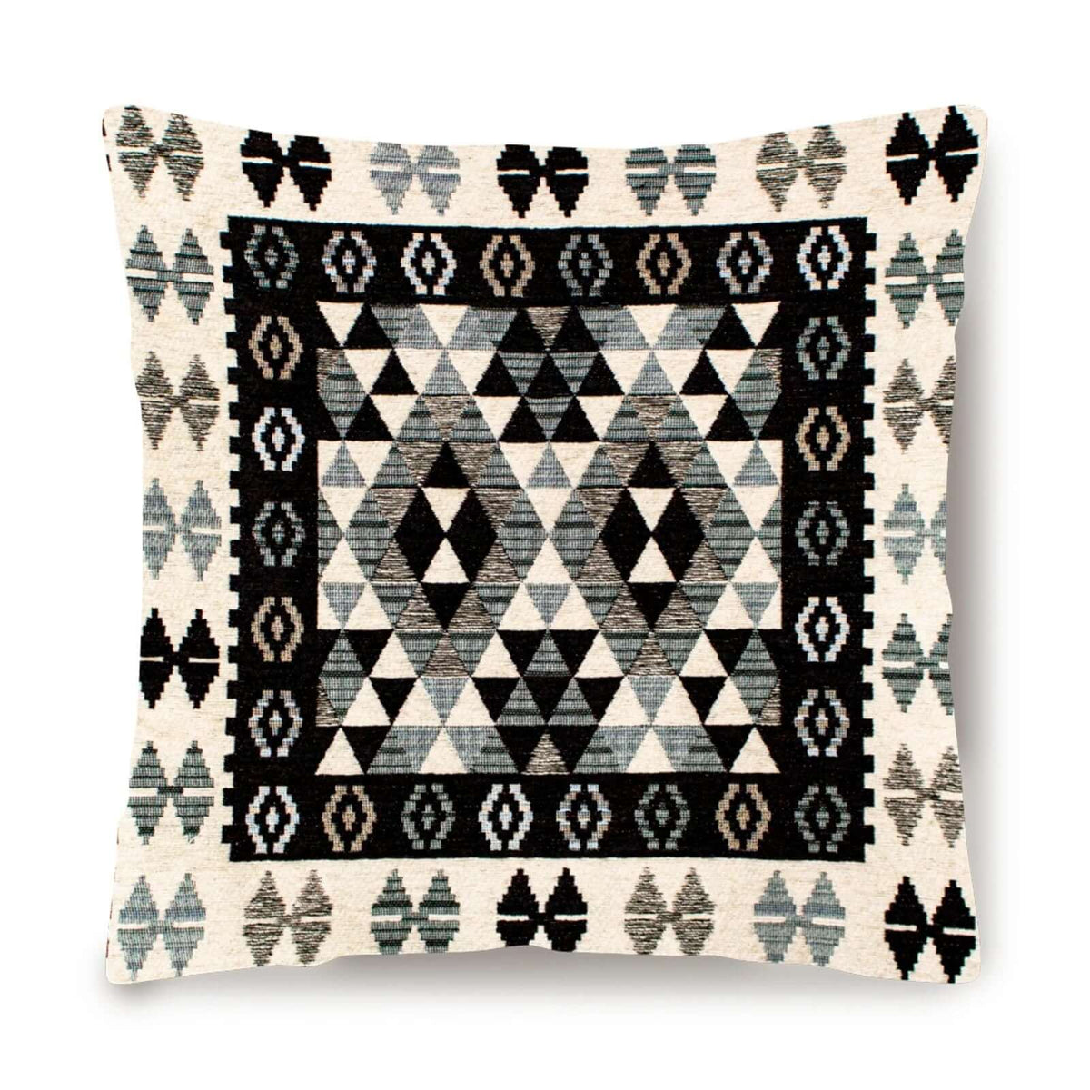 Coppia cuscini arredo jacquard sfoderabili Kilim con motivo geometrico in bianco e nero.