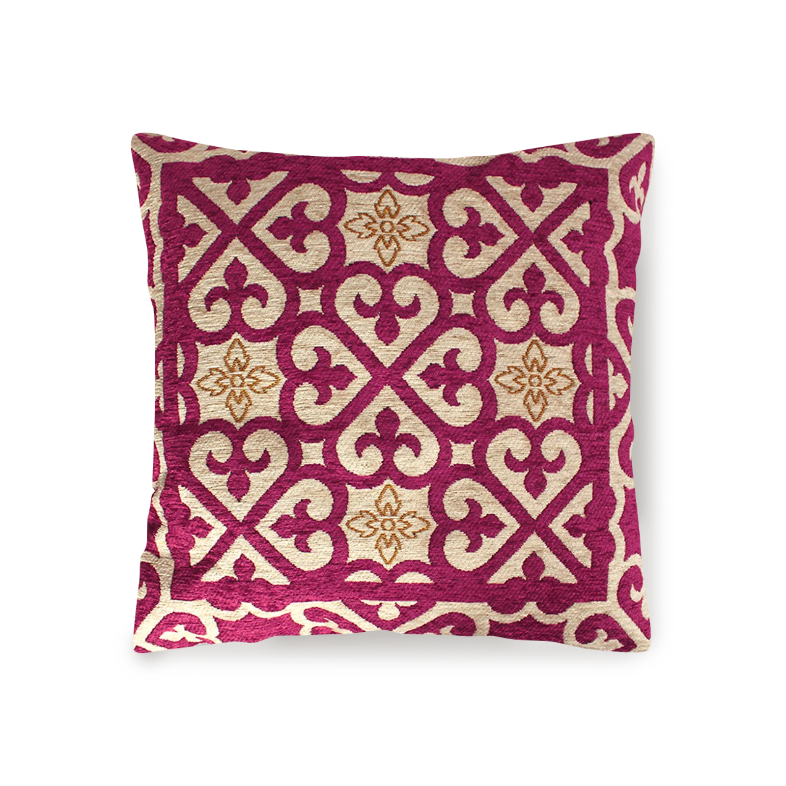 COPPIA CUSCINI ARREDO JACQUARD SFODERABILI ARABIC con disegno floreale in tonalità rosso e beige.