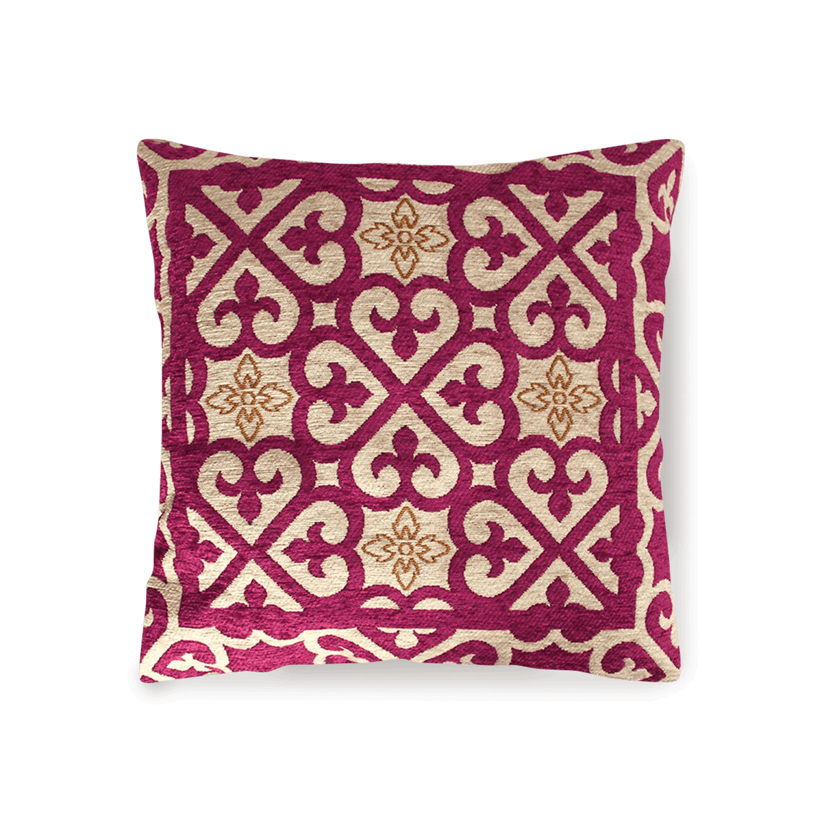 COPPIA CUSCINI ARREDO JACQUARD SFODERABILI ARABIC con disegno floreale in tonalità rosso e beige.
