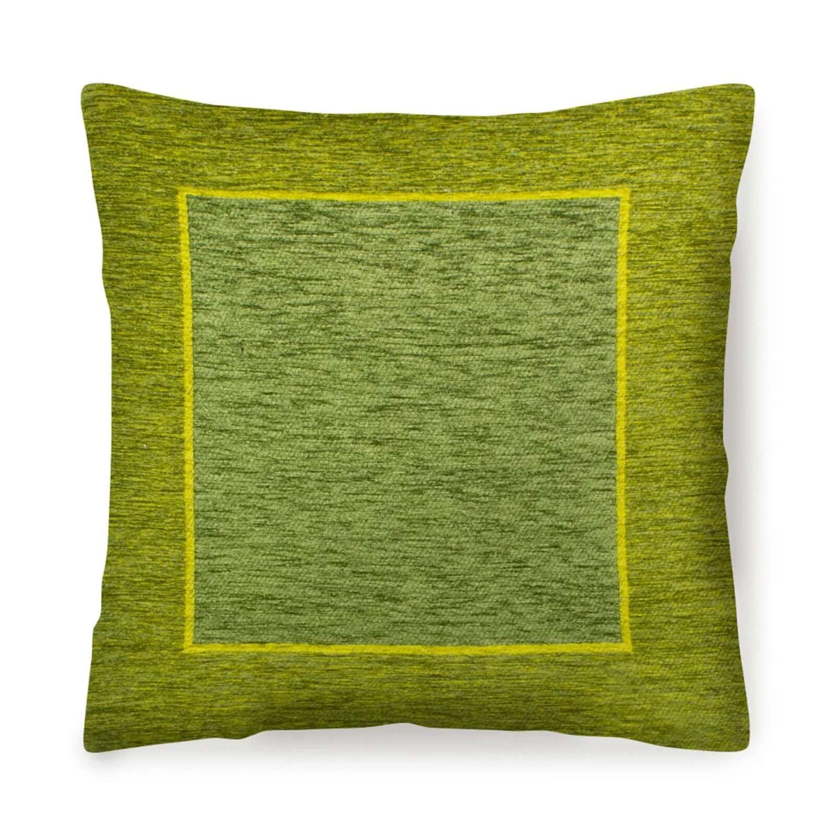 Coppia cuscini arredo jacquard sfoderabili Roma, cuscino verde con bordo giallo, design elegante per arredare la casa.