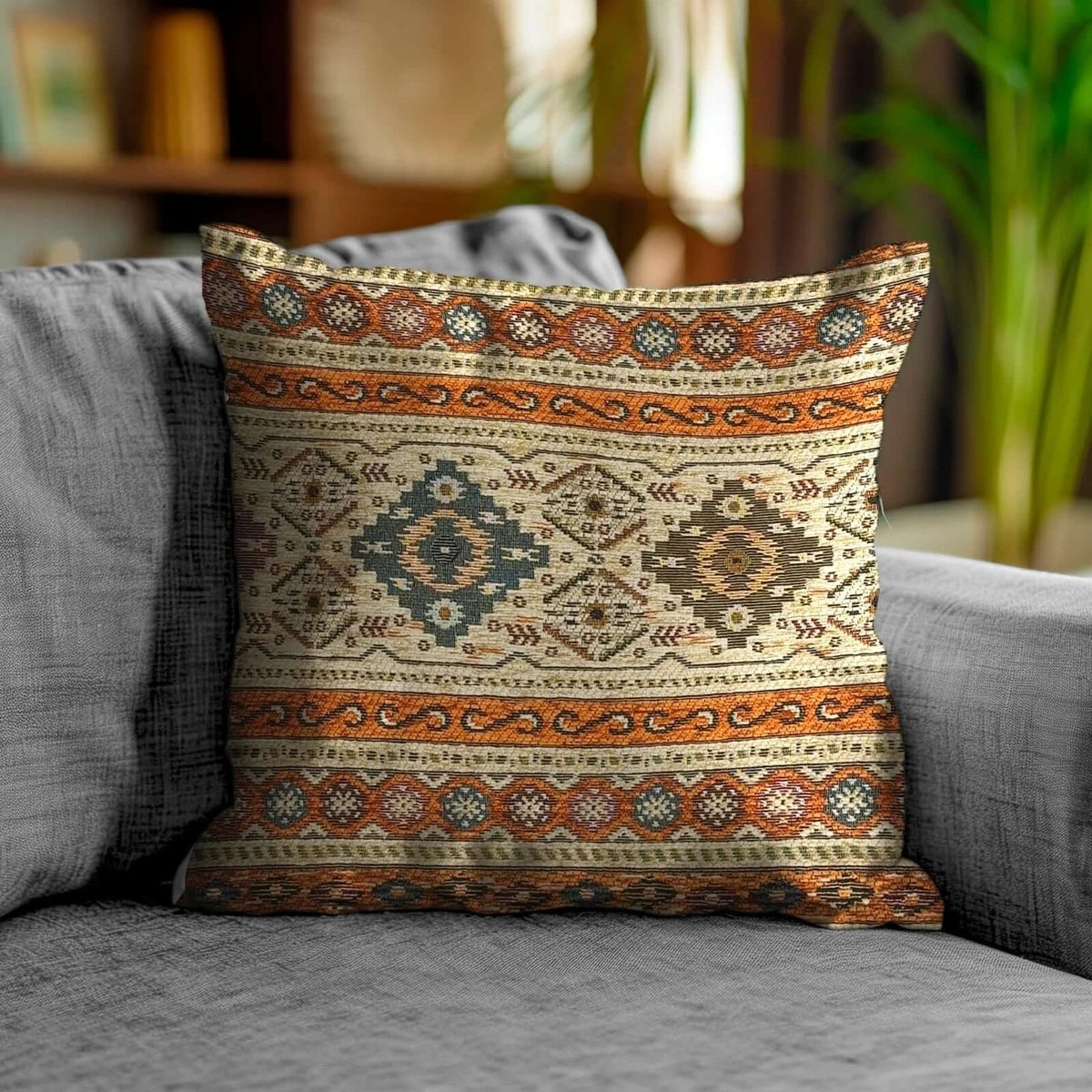 Coppia cuscino arredo Jacquard sfoderabili Loom con design colorato su un divano moderno