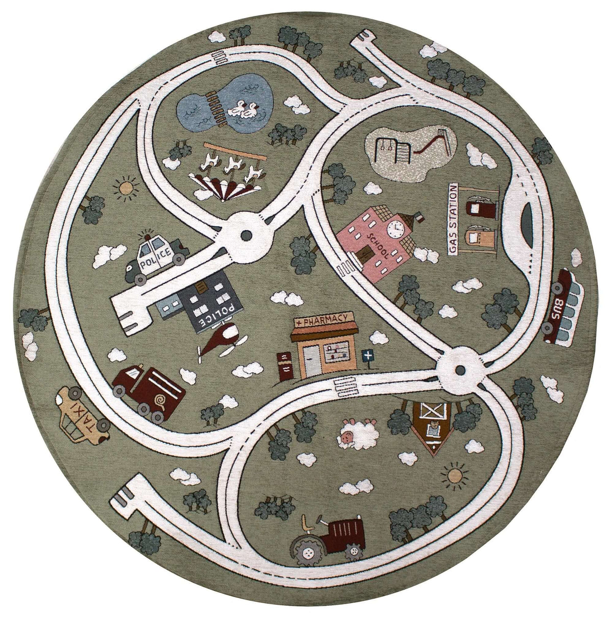 TAPPETO CAMERETTA PISTA CON ANTISCIVOLO design a tunnel stradale con edifici giocattolo e auto colorate.