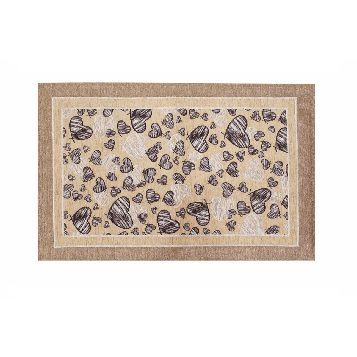 TAPPETO DA CUCINA DIS.MELODY CON ANTISCIVOLO, tappeto moderno con design a cuori su sfondo beige.