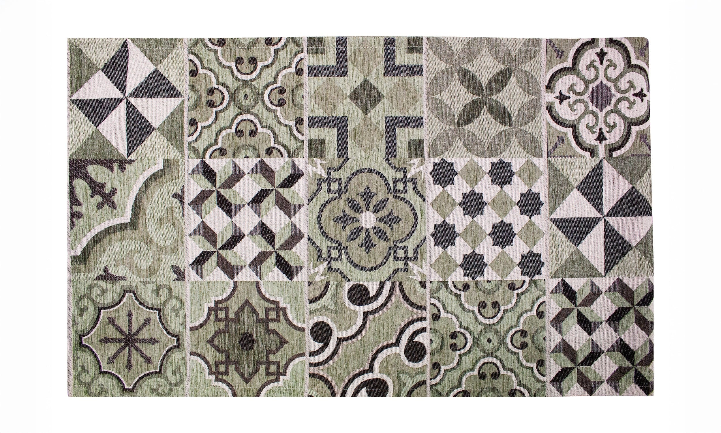 TAPPETO DA CUCINA CEMENTINE CON ANTISCIVOLO, tappeto moderno con design a cementine in tonalità verdi e grigie.