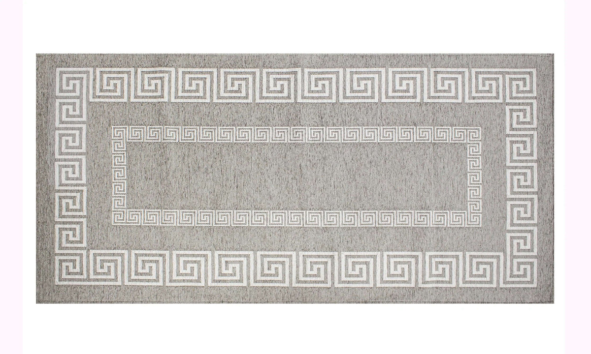 TAPPETO ARREDO ATENE NERO BIANCO CON ANTISCIVOLO con design geometrico bianco su sfondo grigio, ideale per ogni ambiente.