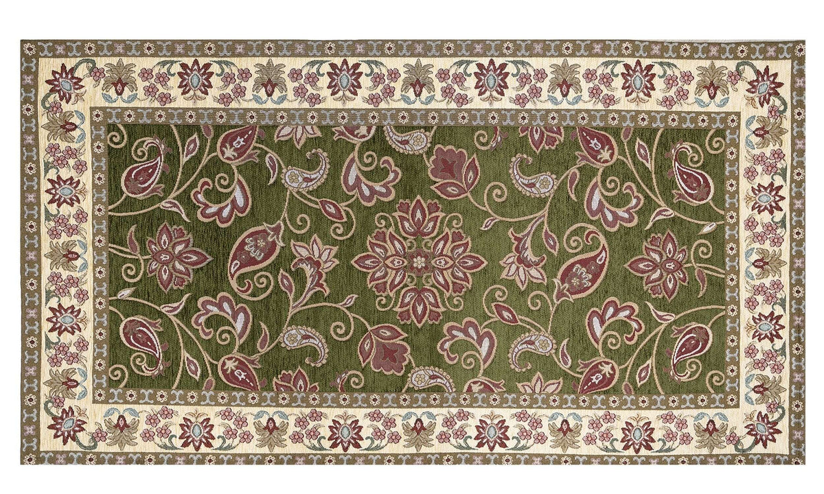 TAPPETO ARREDO DIS.SAHARA CON ANTISCIVOLO con motivo floreale su sfondo verde.
