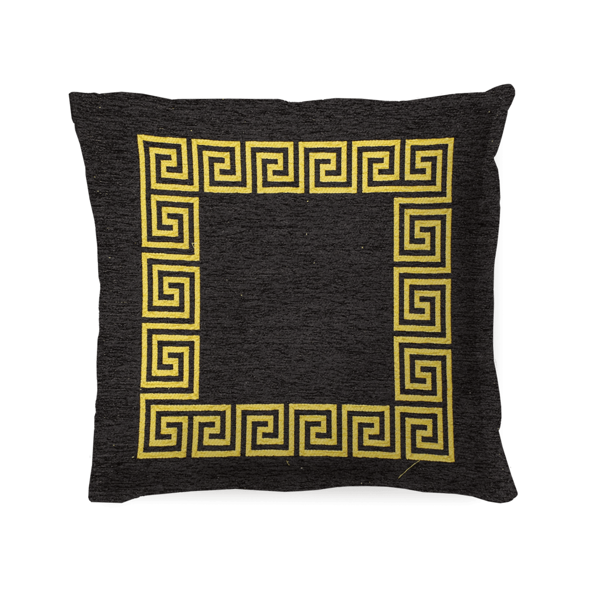 Coppia cuscini arredo jacquard sfoderabili Atene con design geometrico giallo su sfondo scuro.