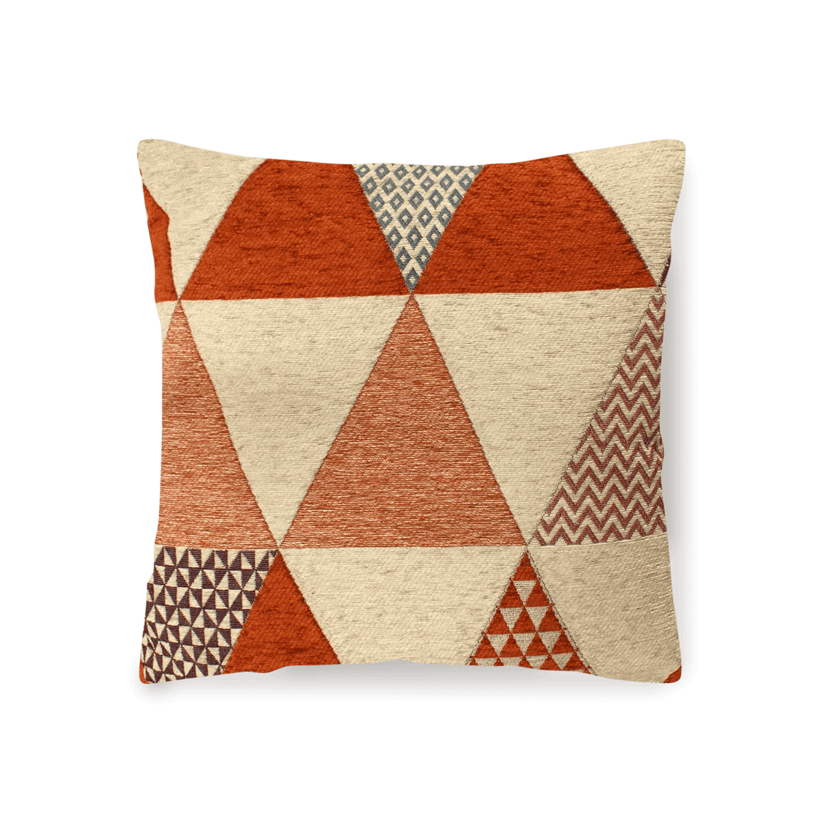 COPPIA CUSCINI ARREDO JACQUARD SFODERABILI TRIANGOLI con design geometrico in tonalità arancione e beige.