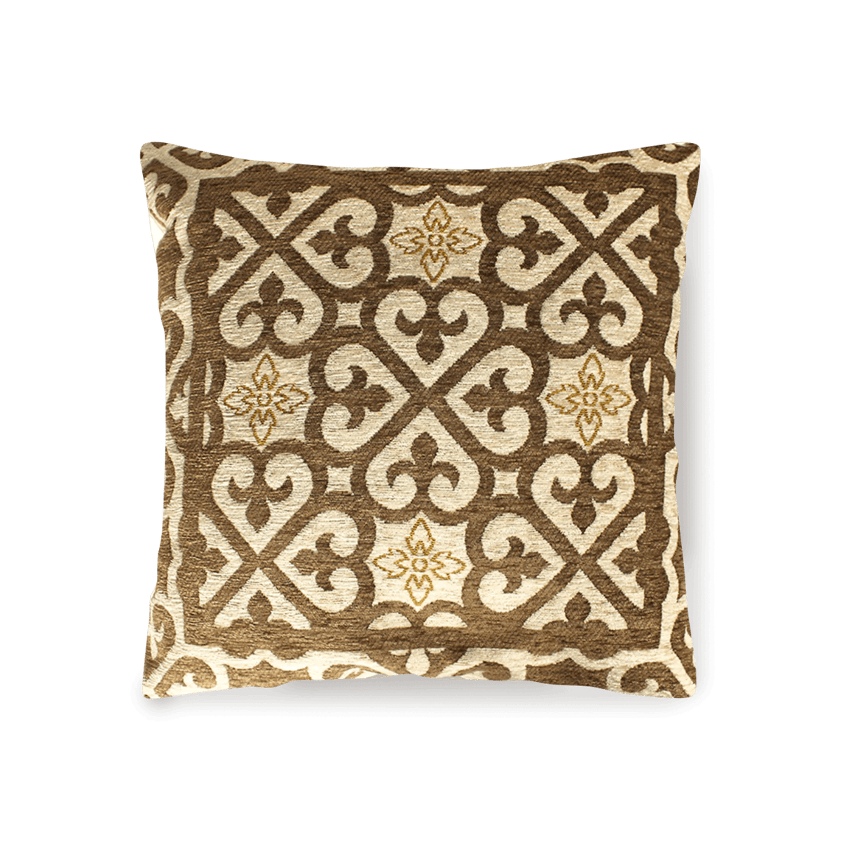 COPPIA CUSCINI ARREDO JACQUARD SFODERABILI ARABIC con motivo decorativo in tonalità marrone e crema.