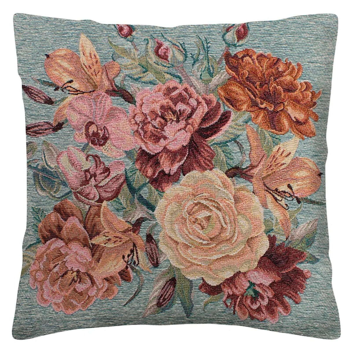 COPPIA CUSCINI ARREDO JACQUARD SFODERABILI ROSES con design floreale inciso su fondo blu.