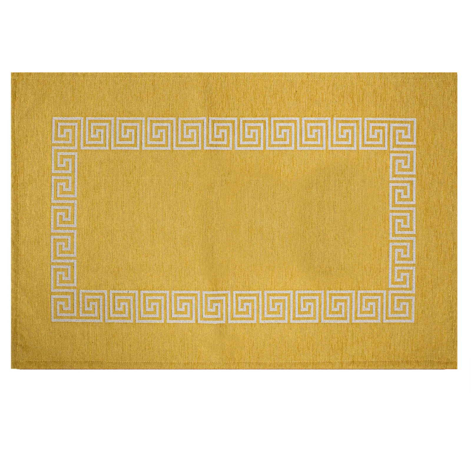 TAPPETO DA CUCINA DIS. CIPRO ANTISCIVOLO in tonalità gialla con motivo geometrico bianco.