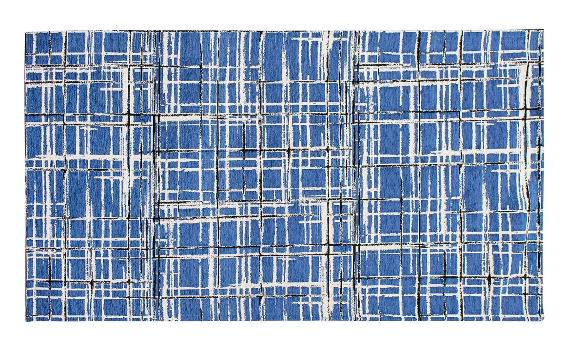 TAPPETO ARREDO DIS. GRAFFIATO CON ANTISCIVOLO in tessuto blu con design a righe bianche moderni e accattivanti.