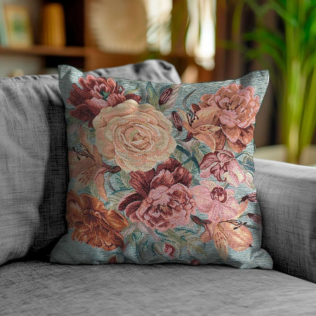 COPPIA CUSCINI ARREDO JACQUARD SFODERABILI ROSES su divano con design floreale elegante.