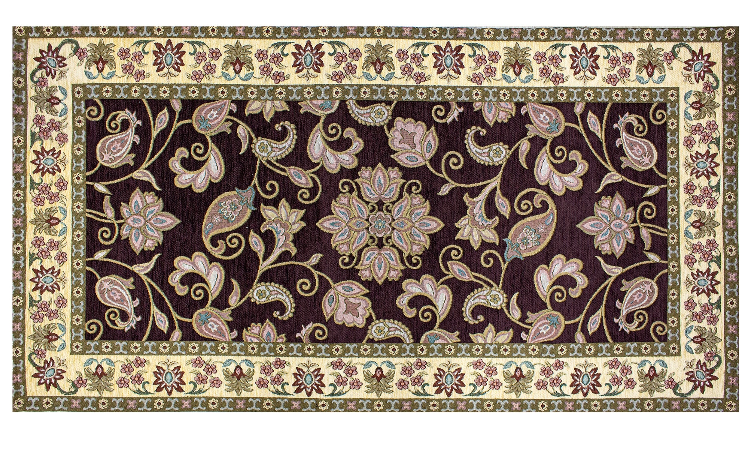 TAPPETO ARREDO DIS.SAHARA CON ANTISCIVOLO con design floreale su sfondo scuro e bordi decorativi, morbido e resistente.