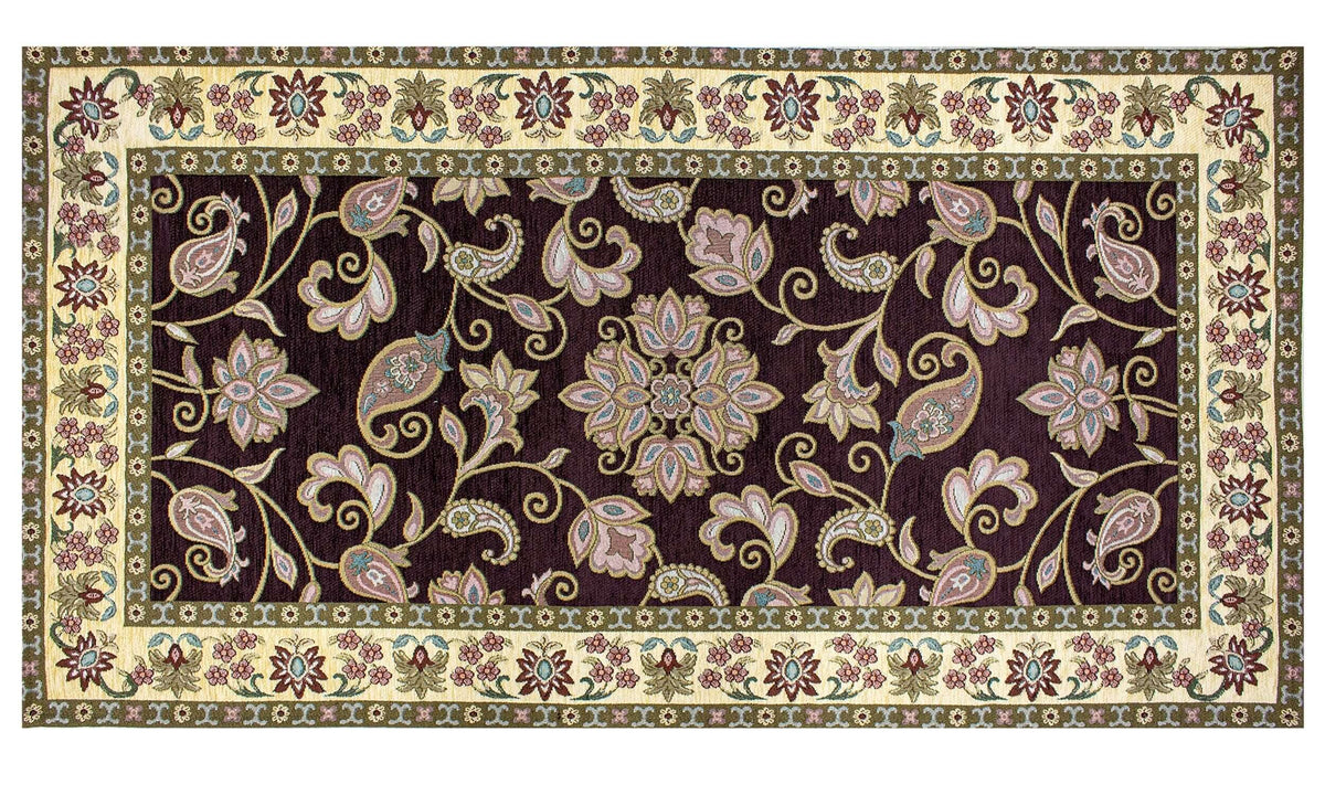 TAPPETO ARREDO DIS.SAHARA CON ANTISCIVOLO con design floreale su sfondo scuro e bordi decorativi, morbido e resistente.