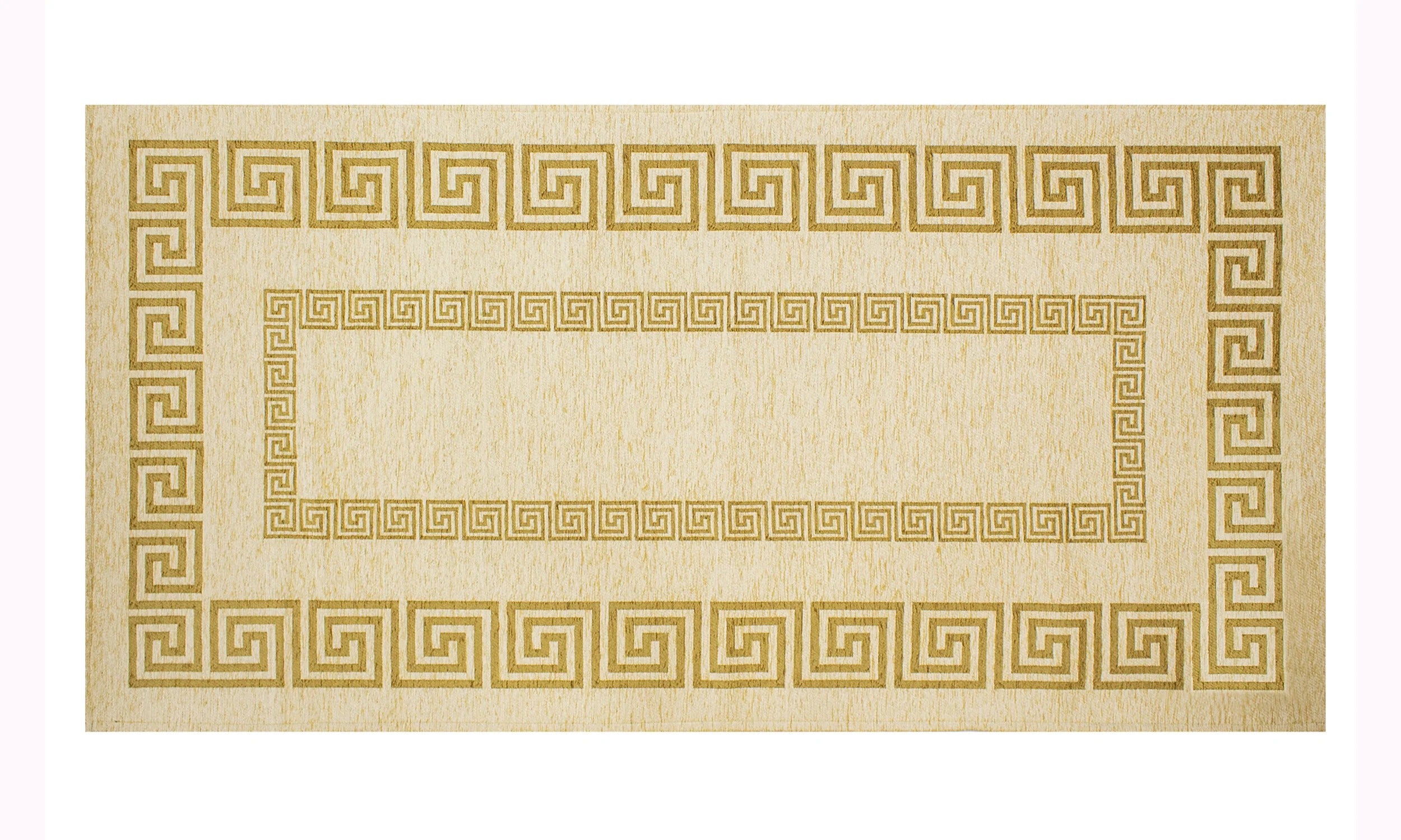 TAPPETO ARREDO ATENE NERO BIANCO CON ANTISCIVOLO, design greco su sfondo beige.