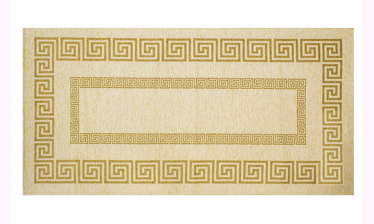 TAPPETO ARREDO ATENE NERO BIANCO CON ANTISCIVOLO, design greco su sfondo beige.