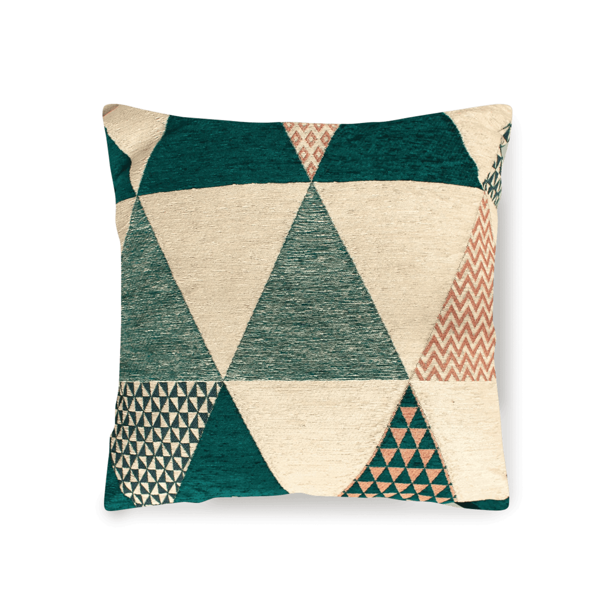 Coppia cuscini arredo Jacquard sfoderabili triangoli con design geometrico colorato.
