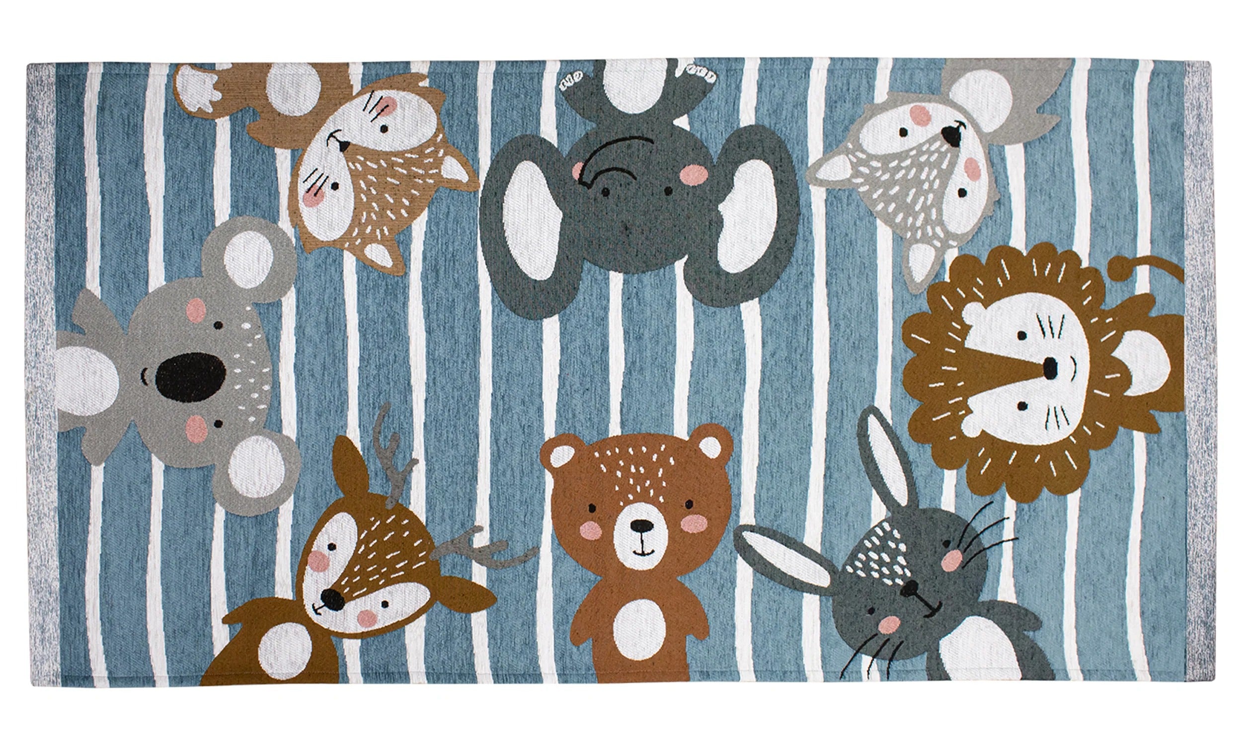 TAPPETO CAMERETTA ANIMALI TONDO CON ANTISCIVOLO con motivi di animali su sfondo blu e strisce.