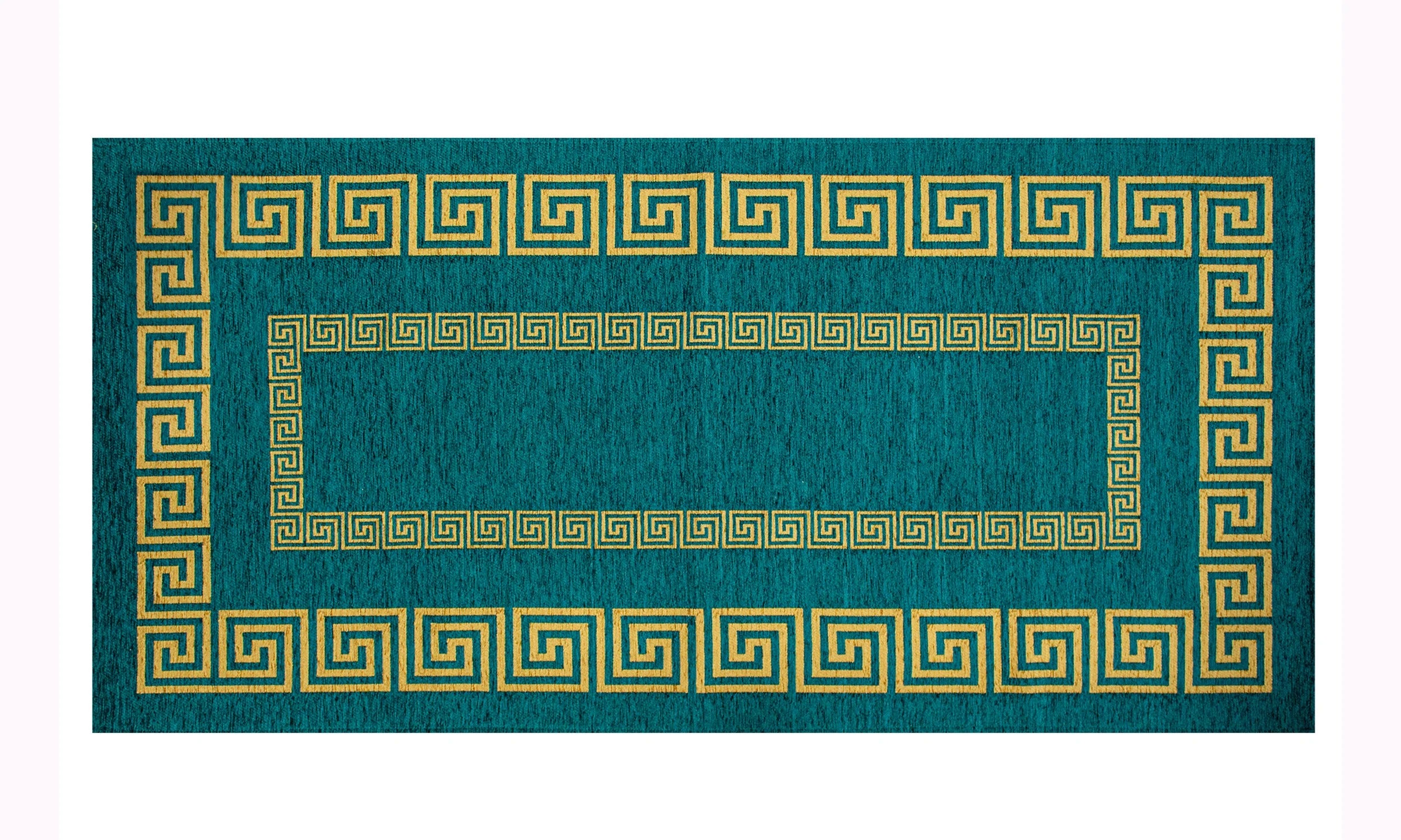 TAPPETO ARREDO ATENE NERO BIANCO CON ANTISCIVOLO con disegno geometrico in giallo su fondo blu.