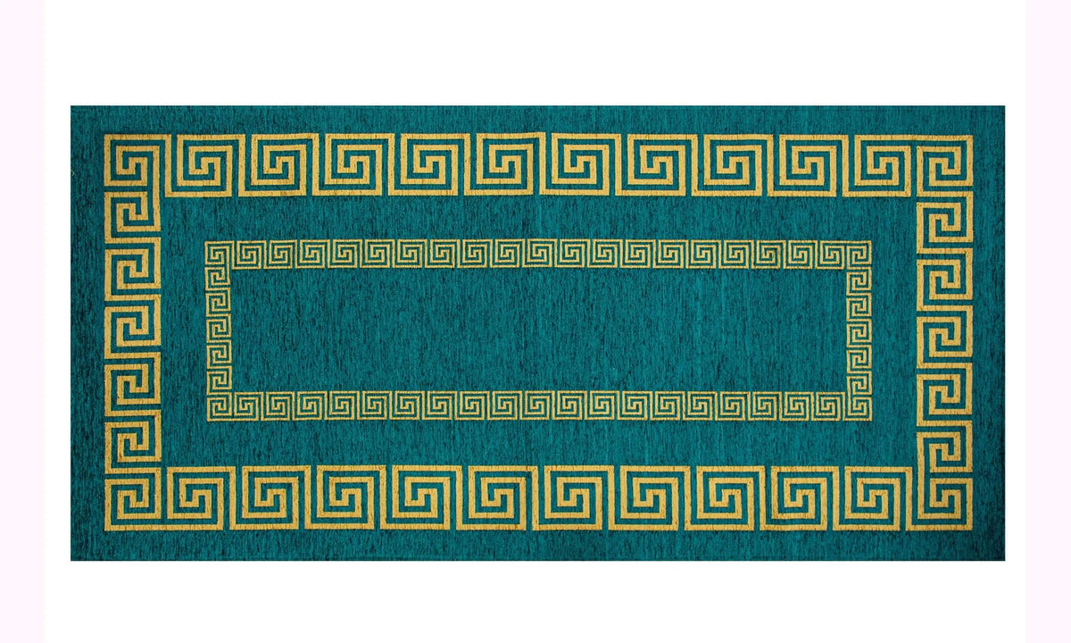 TAPPETO ARREDO ATENE NERO BIANCO CON ANTISCIVOLO con disegno geometrico in giallo su fondo blu.