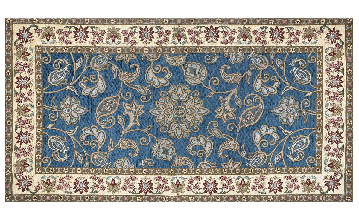 TAPPETO ARREDO DIS.SAHARA CON ANTISCIVOLO dai colori accesi con motivo floreale su sfondo blu.