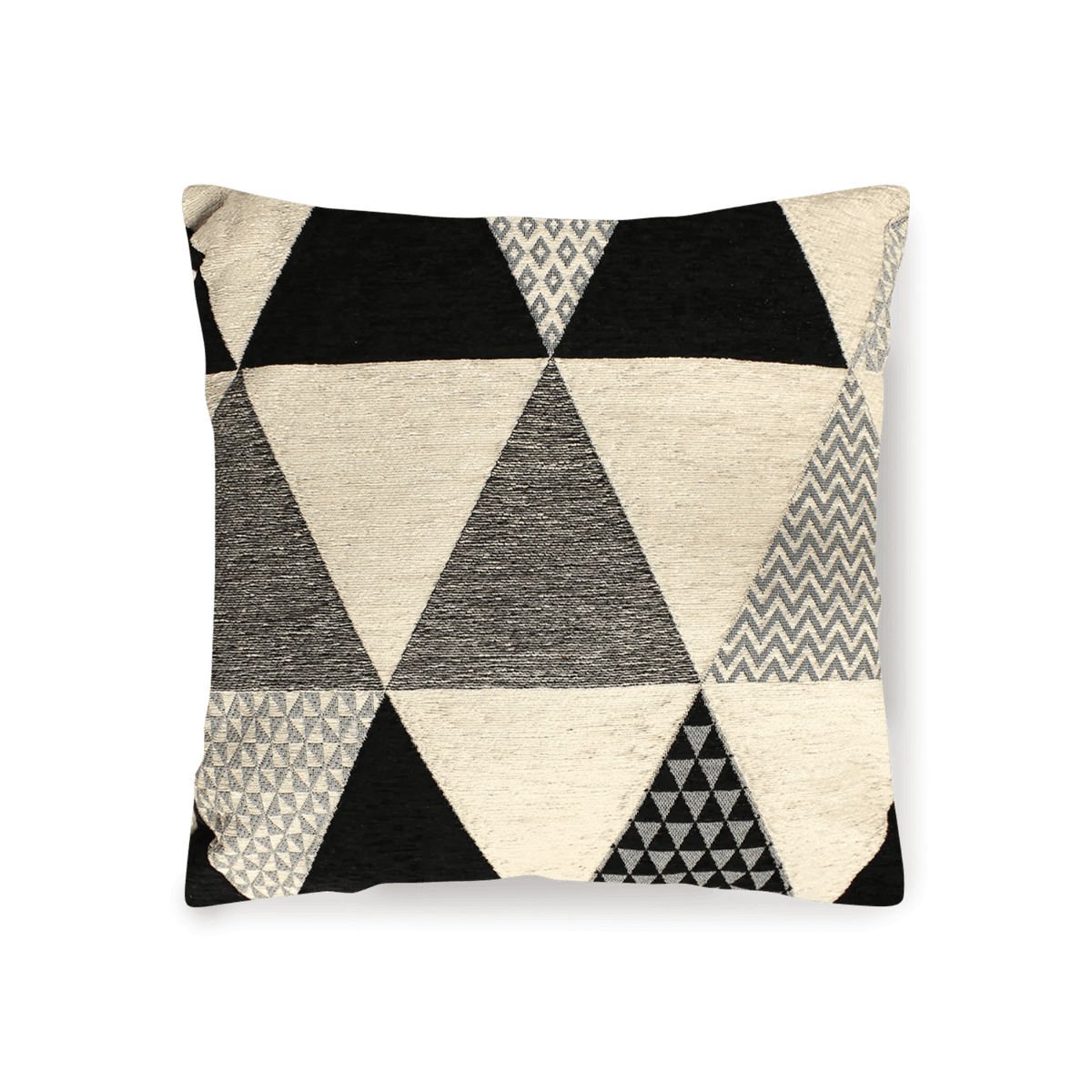 Coppia cuscini arredo jacquard sfoderabili triangoli, design geometrico in bianco e nero, perfetti per qualsiasi ambiente.