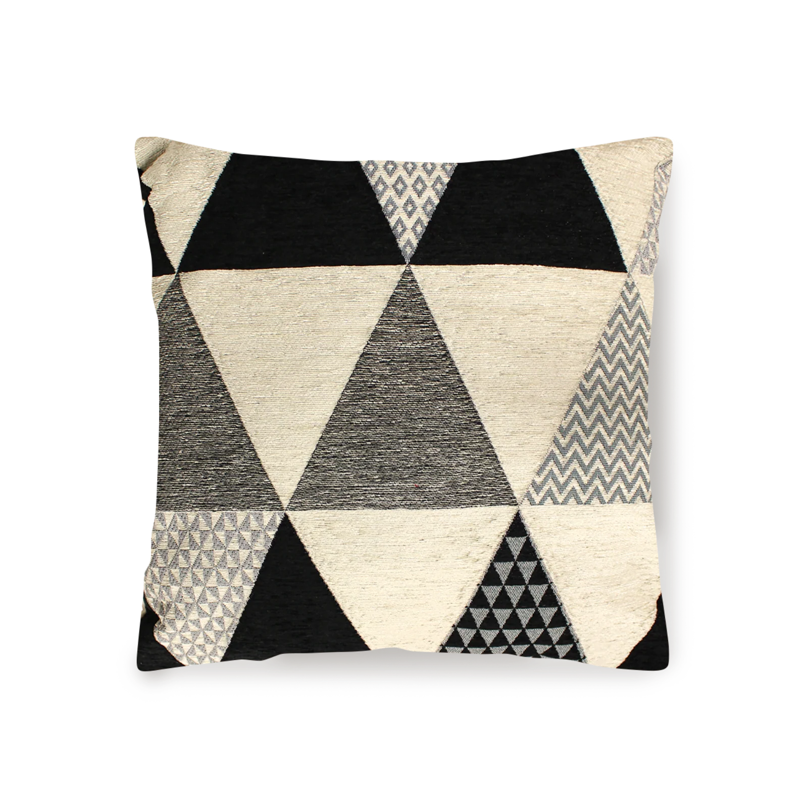 Coppia cuscini arredo jacquard sfoderabili triangoli, design geometrico in bianco e nero, perfetti per qualsiasi ambiente.