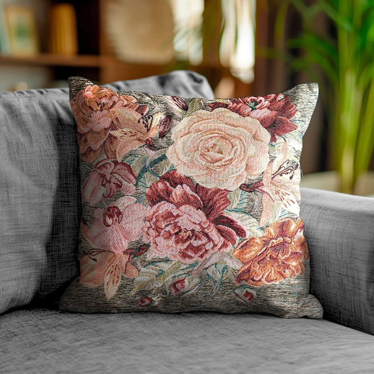 COPPIA CUSCINI ARREDO JACQUARD SFODERABILI ROSES su divano con disegno floreale.