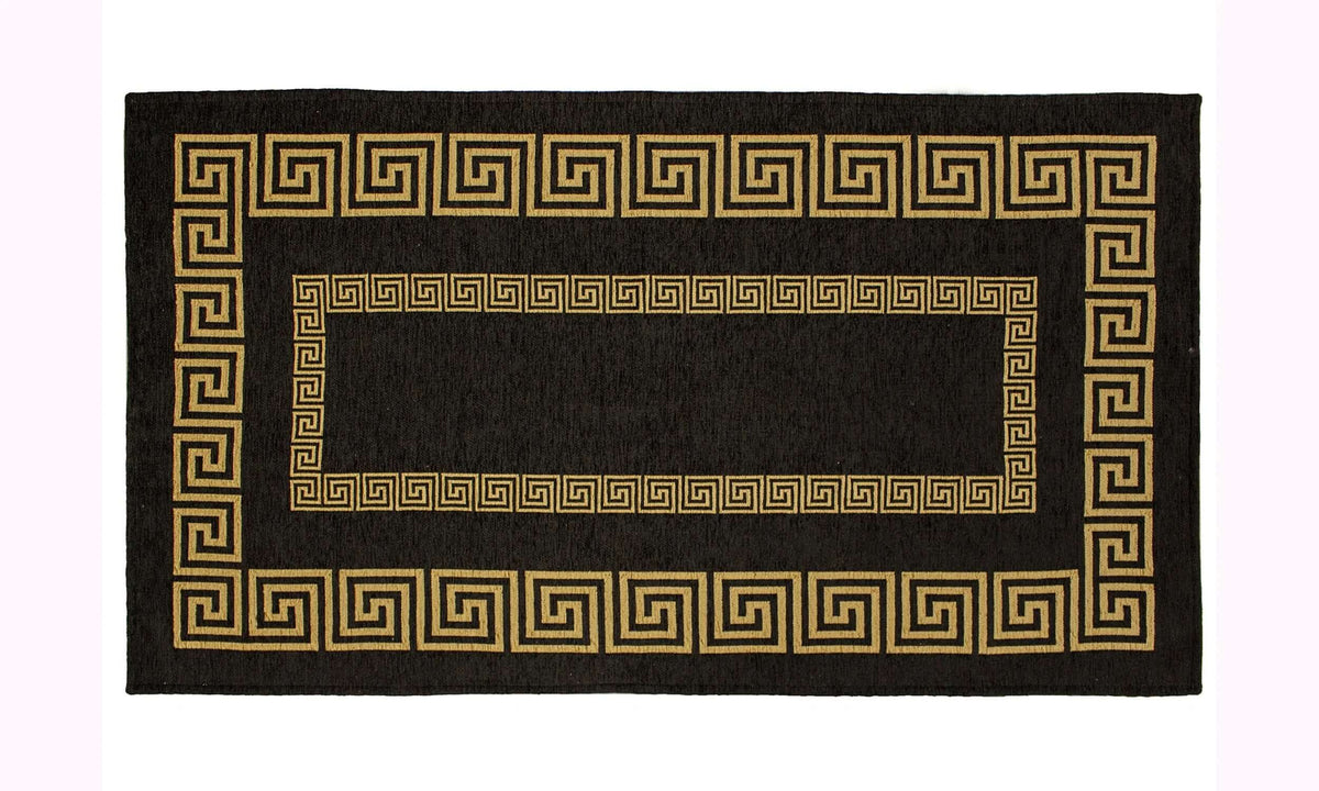 TAPPETO ARREDO ATENE NERO BIANCO CON ANTISCIVOLO con design greco in tonalità nere e dorate.