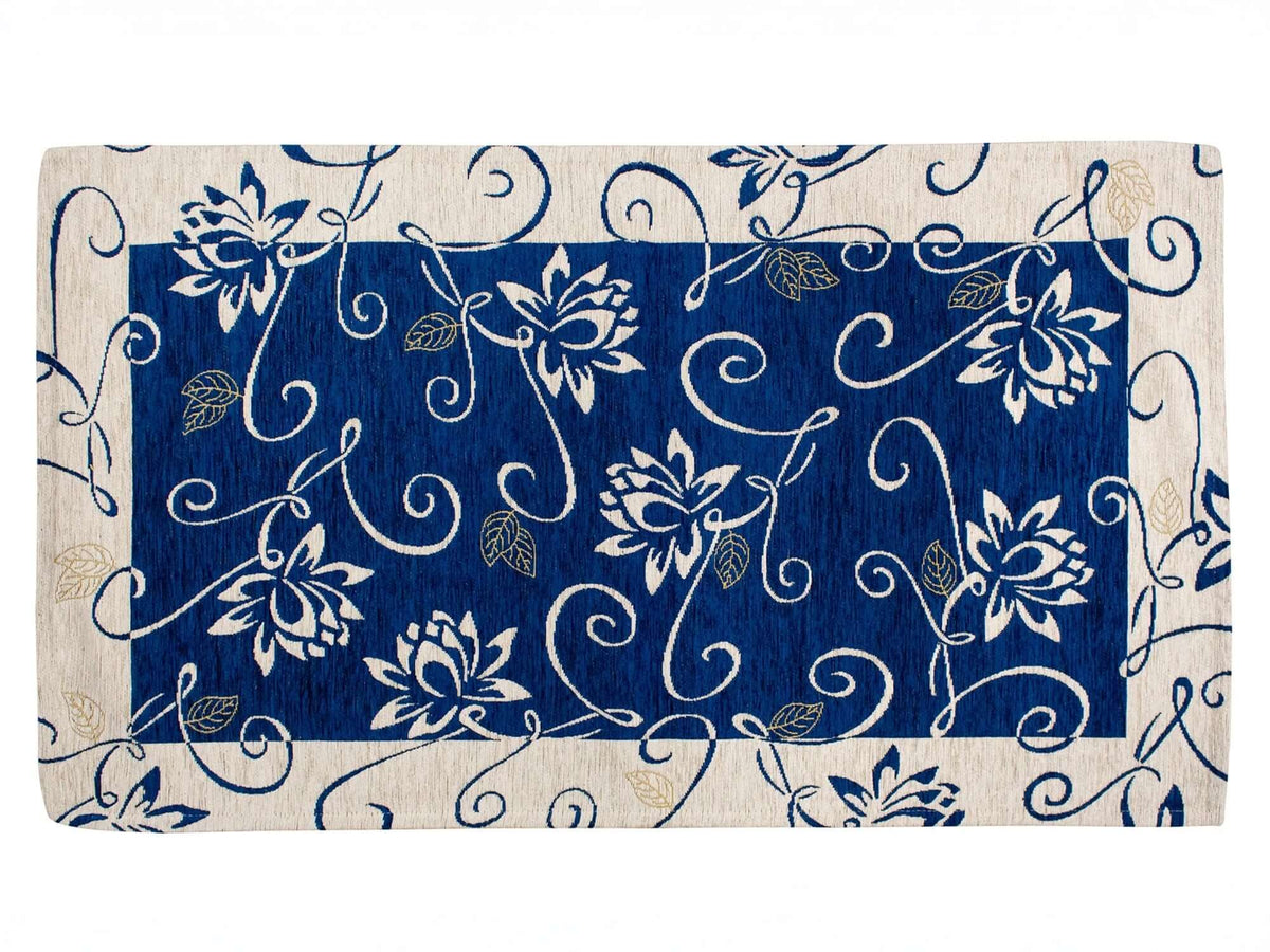 TAPPETO ARREDO DIS.NINFEA CON ANTISCIVOLO, tappeto moderno con disegno floreale blu e beige.