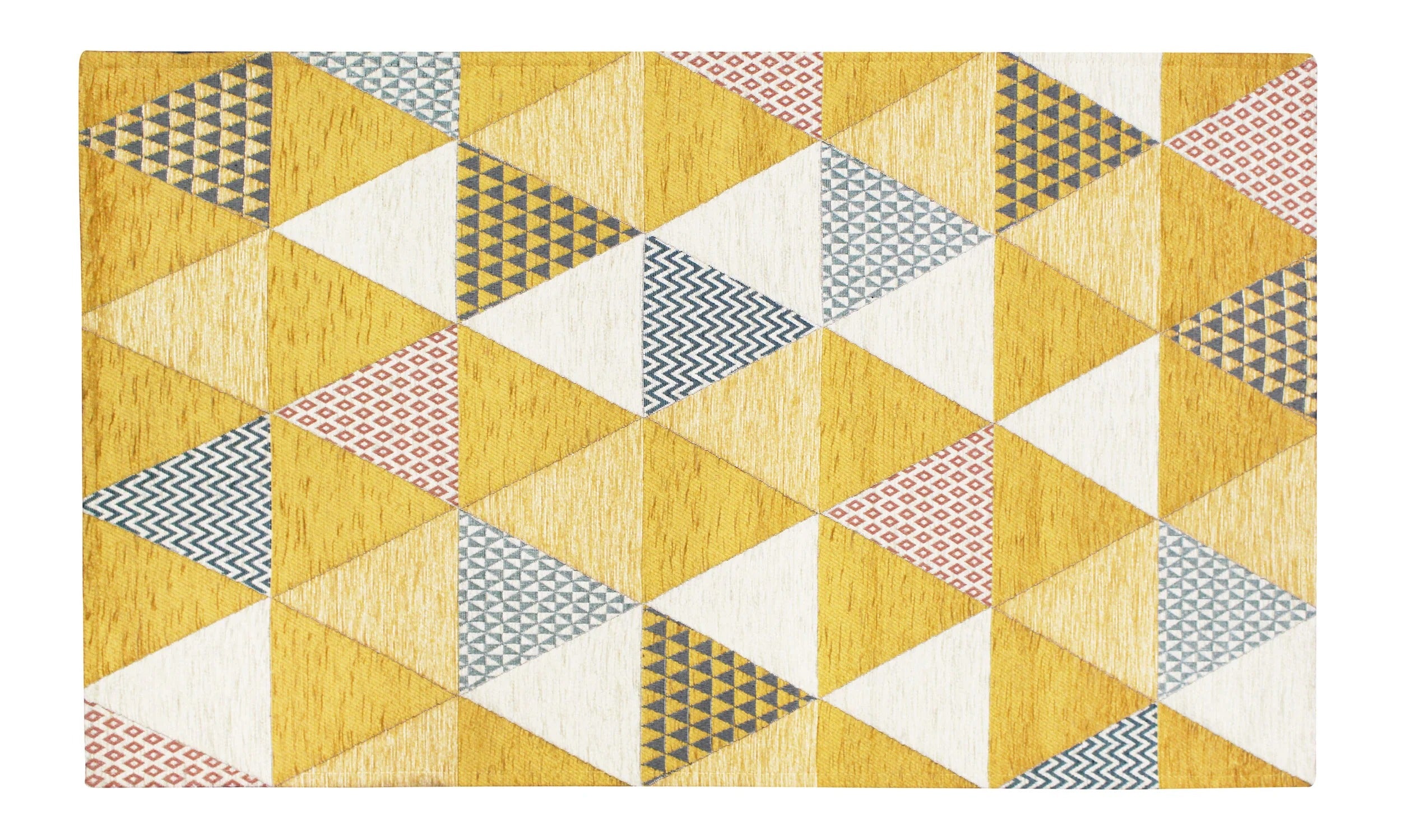 TAPPETO ARREDO TRIANGOLI CON ANTISCIVOLO con design geometrico in tonalità gialle e bianche.