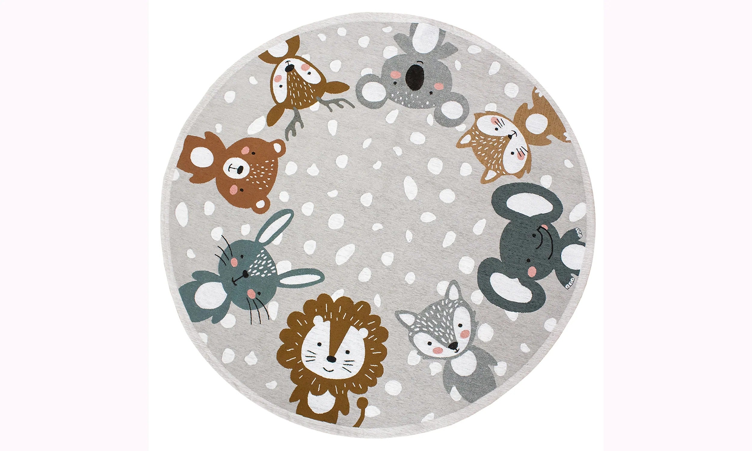TAPPETO CAMERETTA ANIMALI TONDO CON ANTISCIVOLO con design colorato di animali su sfondo grigio.
