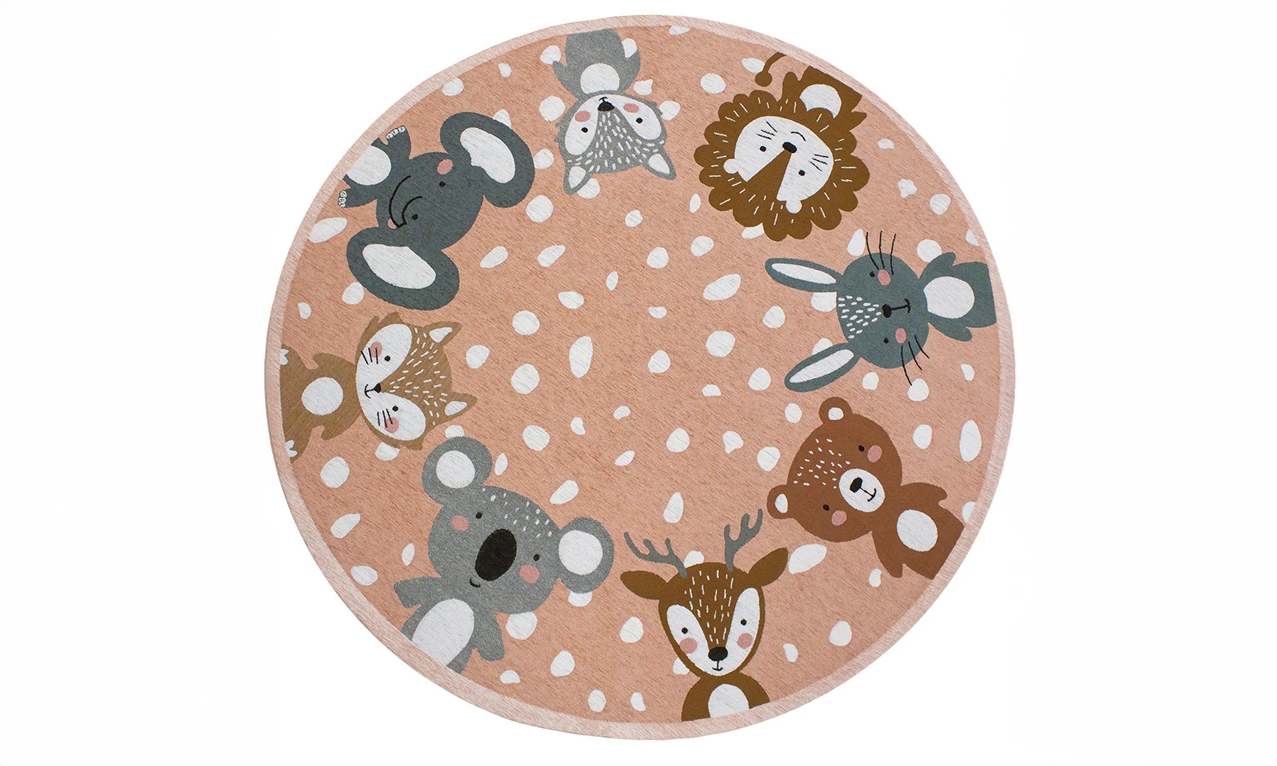 TAPPETO CAMERETTA ANIMALI TONDO CON ANTISCIVOLO, tappeto rotondo con animali colorati su sfondo rosa.