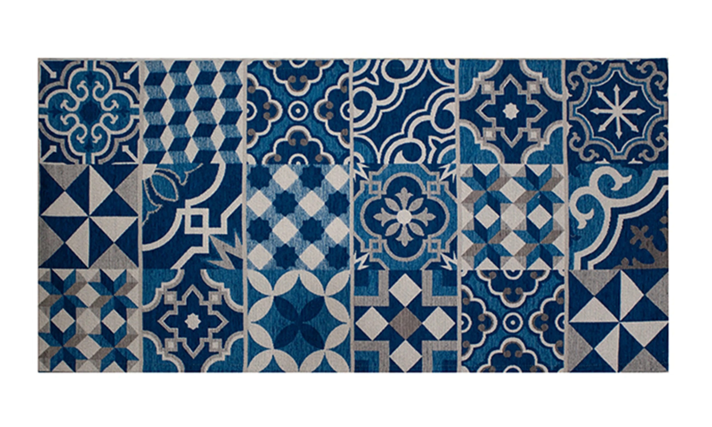 TAPPETO DA CUCINA CEMENTINE CON ANTISCIVOLO con disegni moderni e colori accesi in tonalità blu.