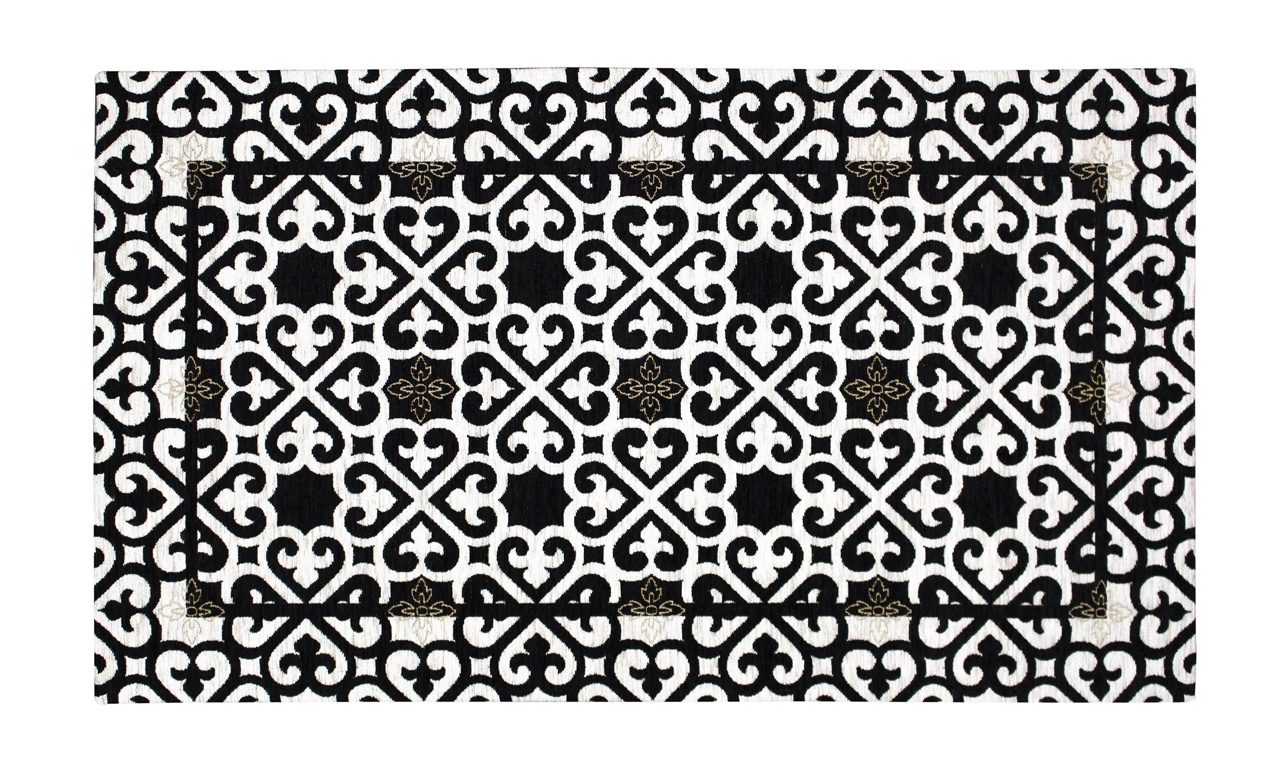 TAPPETO ARREDO DIS.ARABIC CON ANTISCIVOLO con design moderni in bianco e nero con dettagli dorati, resistente e facile da pulire.