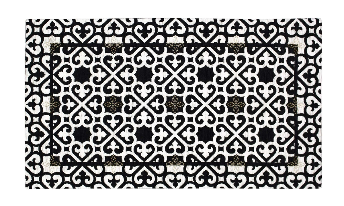 TAPPETO ARREDO DIS.ARABIC CON ANTISCIVOLO con design moderni in bianco e nero con dettagli dorati, resistente e facile da pulire.
